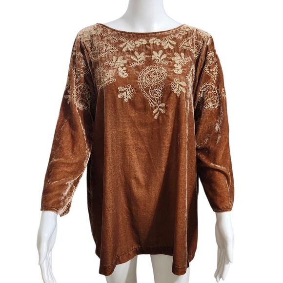 J. Jill Embroidered Velvet Top with Bell Sleeves Brown Bohemian Paisley Scroll L - Picture 5 of 10